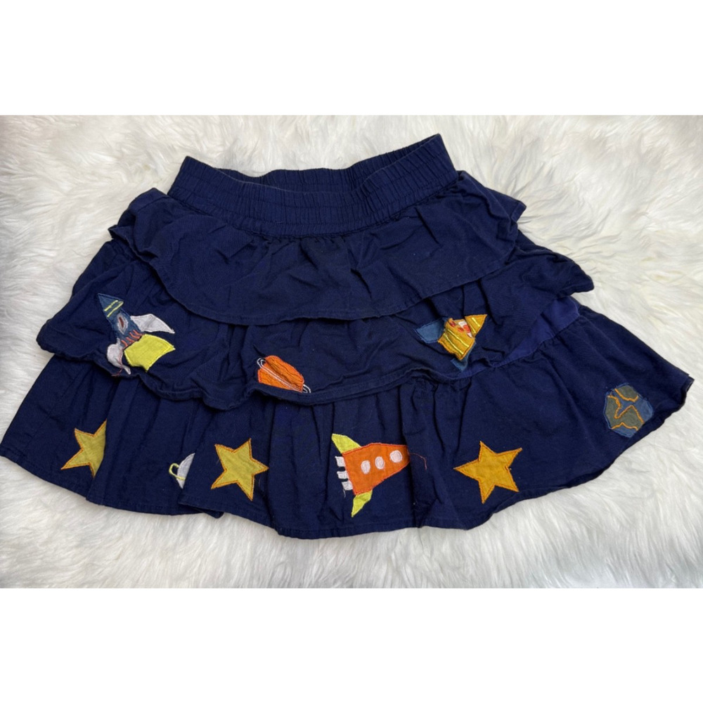 Piccolina Navy Blue Chambray Appliqué 3-Tier Skirt Space Pattern Girls Size 7